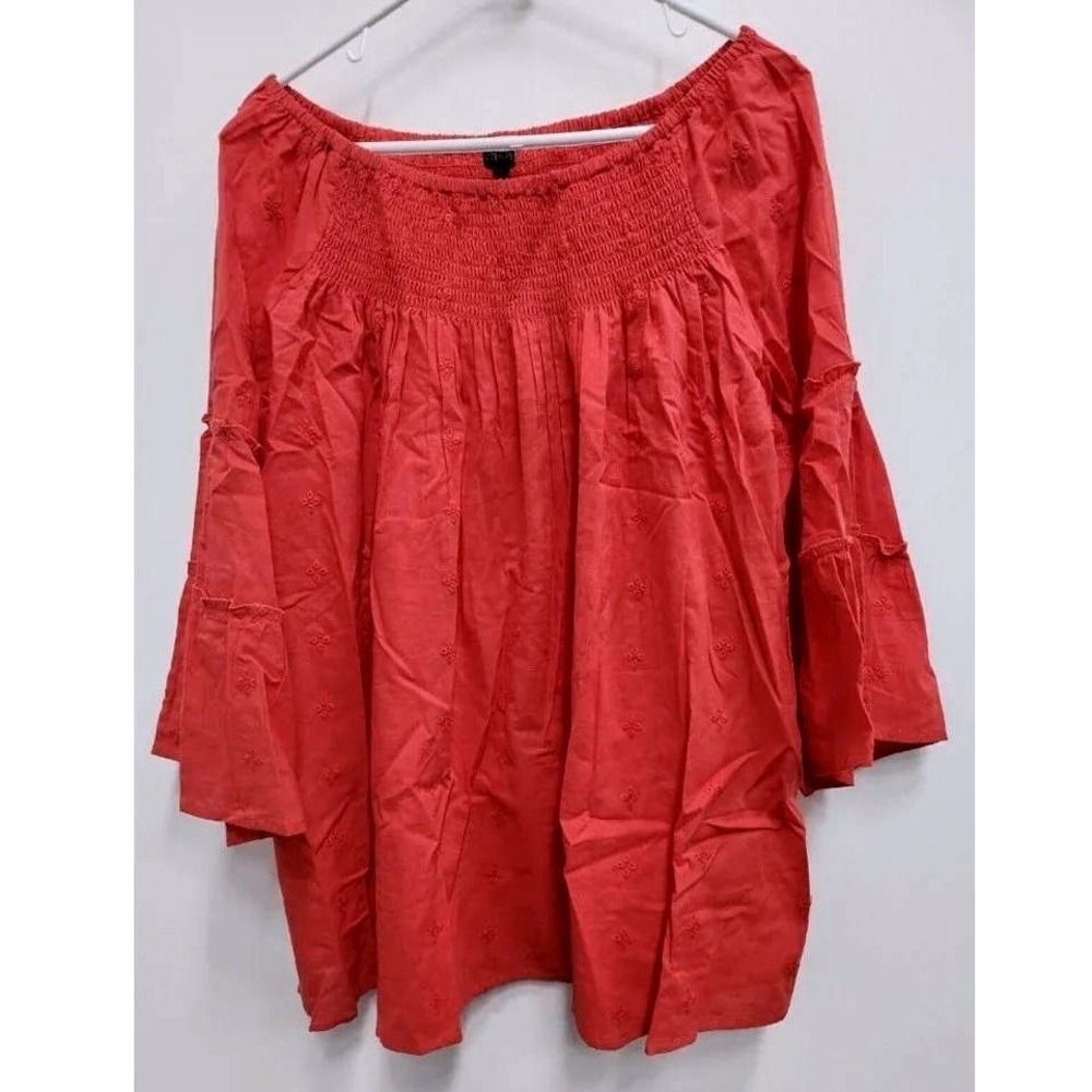 Coco+Carmen BOHO Top Womens L/XL Red Smocked Eyelet Tiered Bell Sleeve